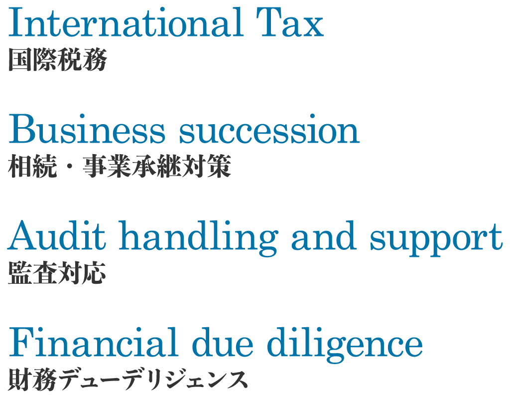 International Tax国際税務Business succession相続・事業承継対策Audit support監査対応Financial due diligence財務デューデリジェンス